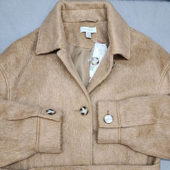 TOPSHOP , NORDSTROM Women's Wool Blend Belted‎ Shirt Jacket Camel Tan Sz S NWT - Picture 5 of 9